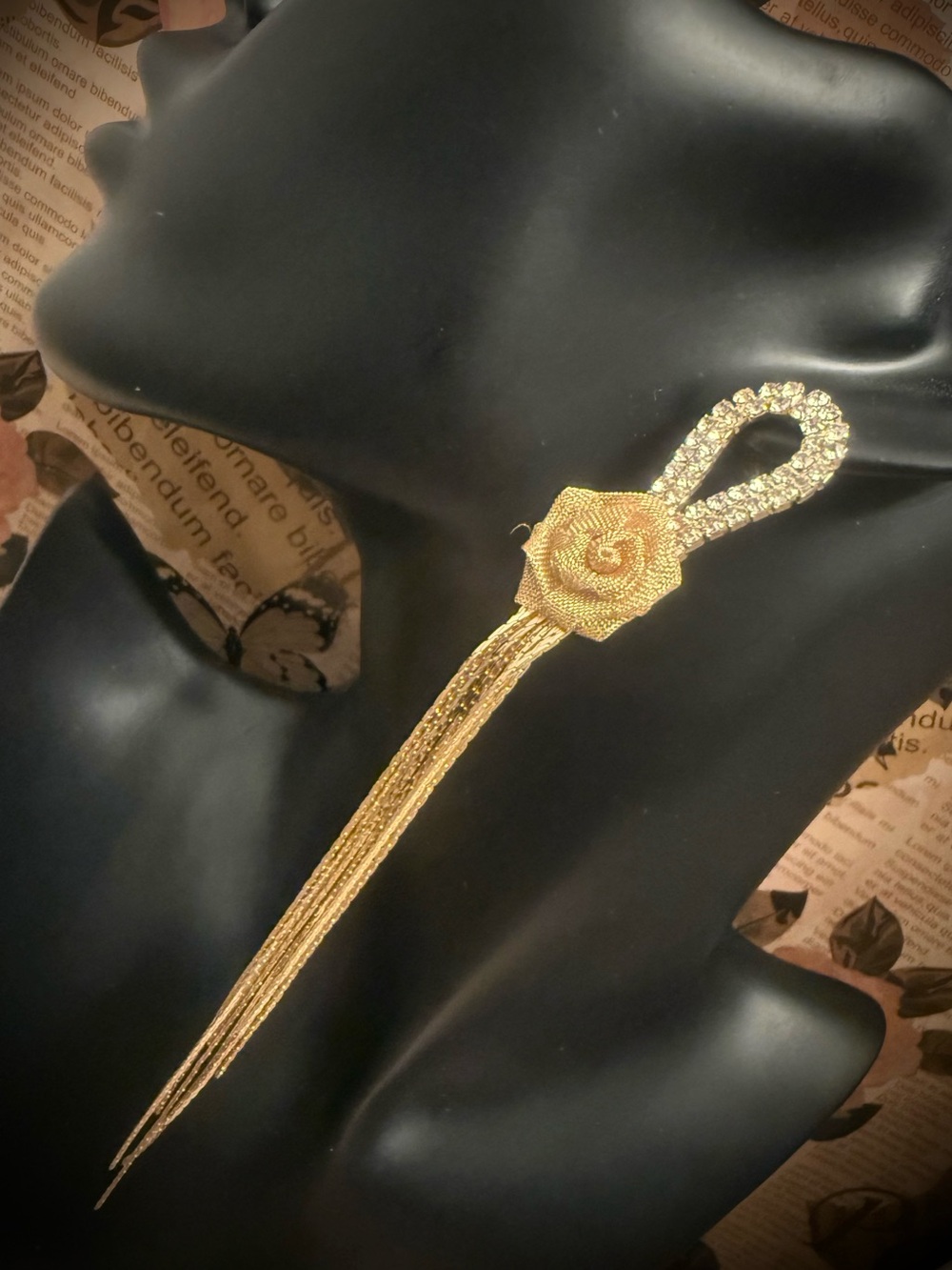 Gold Crystal Loop Earrings with Fabric Rose & Tassels
